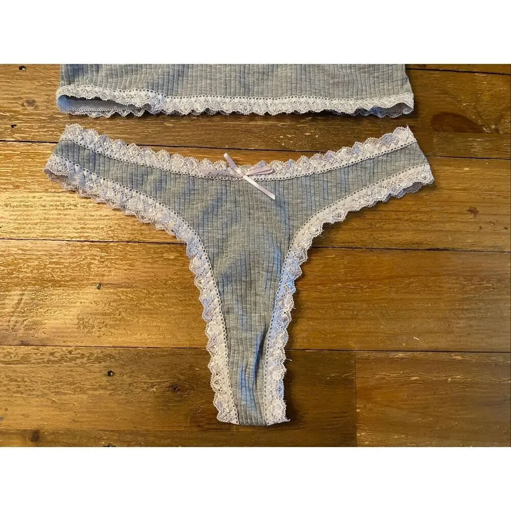 Sexy grey Medium comfort bra top milkmaid cute style bow sleep set